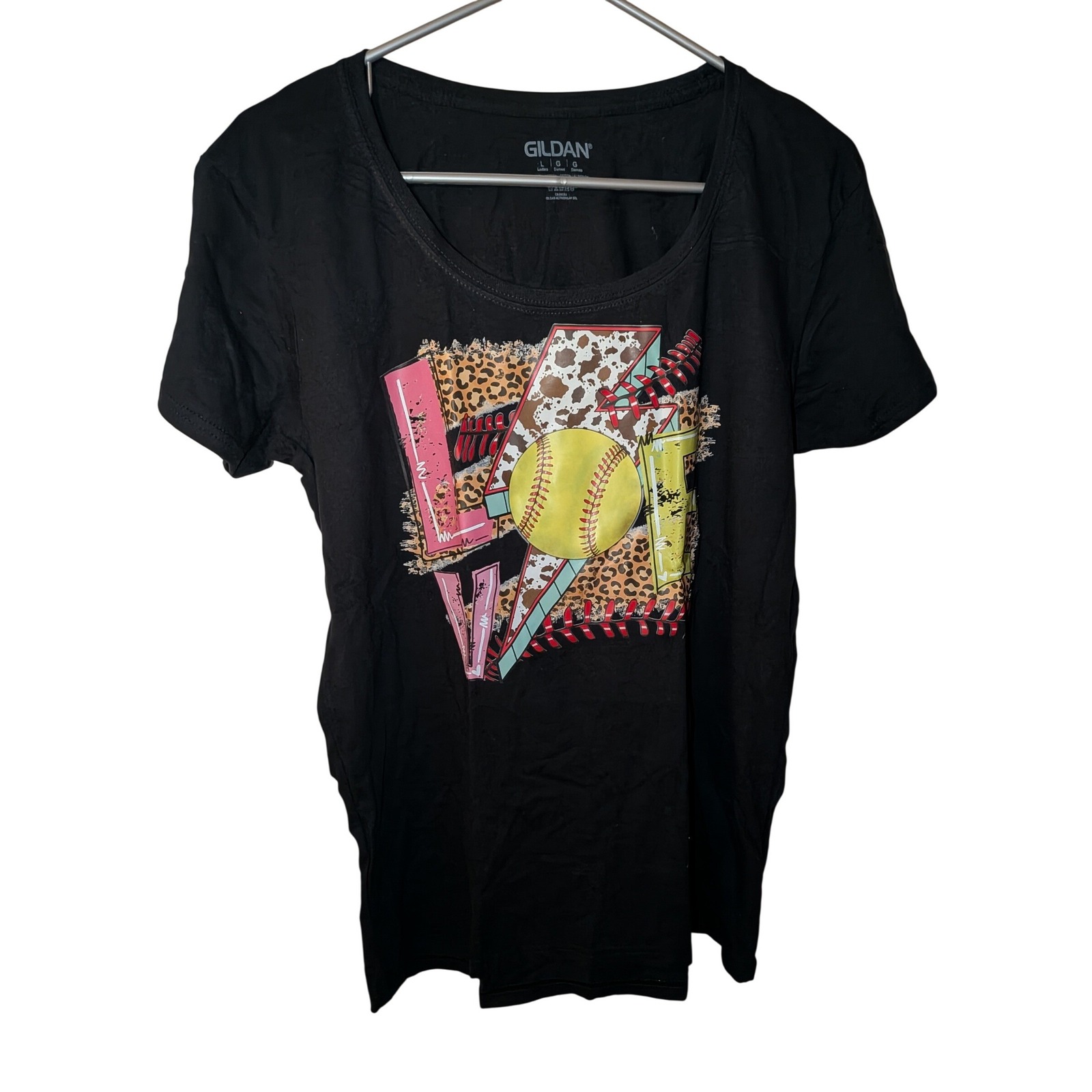 Gildan Womens Softball Love Graphic T-Shirt Black Leopard Cow Print Large